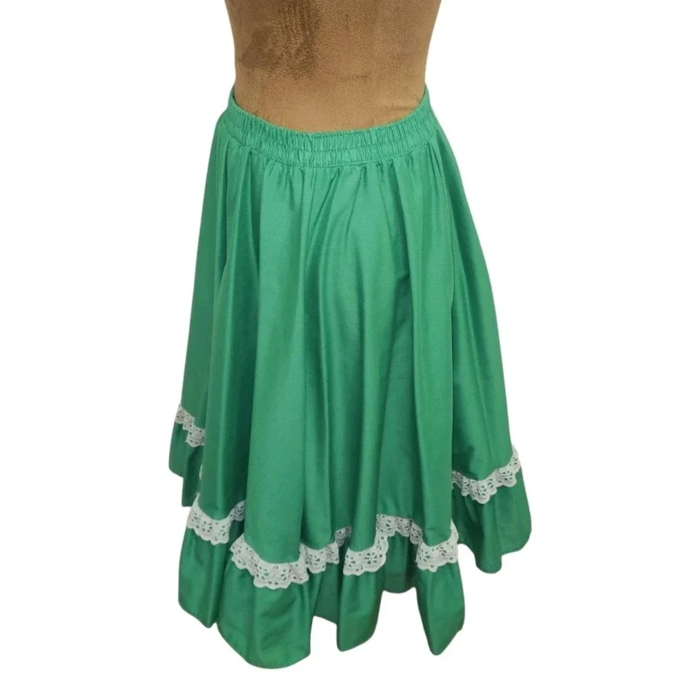 Vintage Circle Skirt Womens Size M Kelly Green Lace Trim Full Elastic Waist